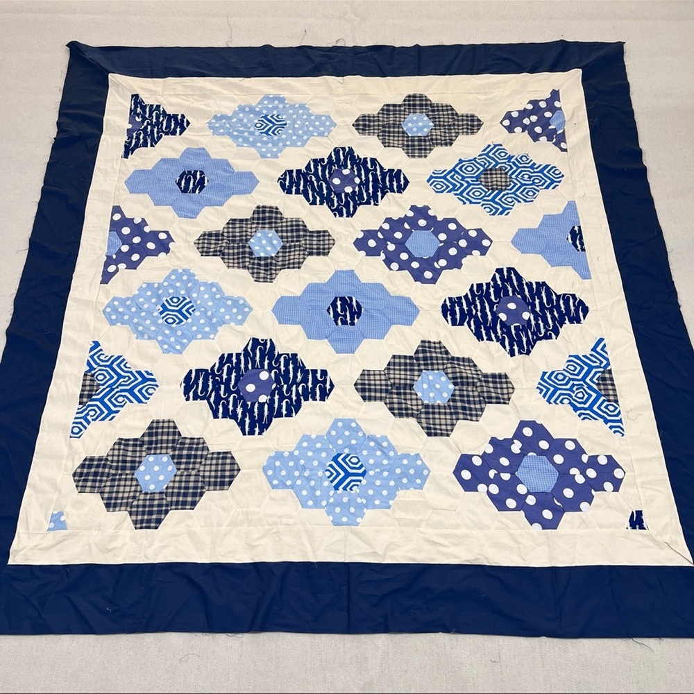 Handmade indigo Hexagon Sewing Patchwork Cotton Queen size Quilt Top/Topper